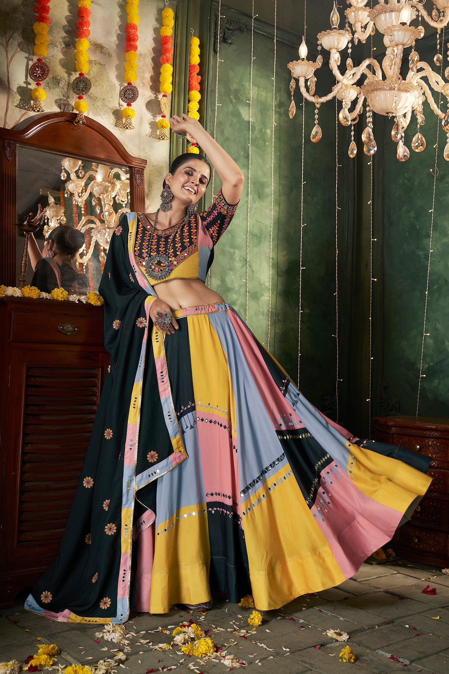 Stunning Black Multicolor cotton lehenga choli with mirror work, perfect for Navratri