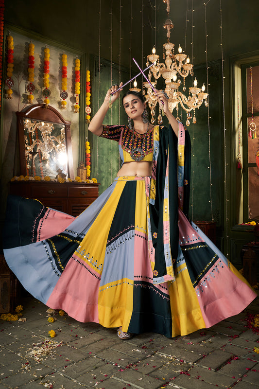 Stunning Black Multicolor cotton lehenga choli with mirror work, perfect for Navratri