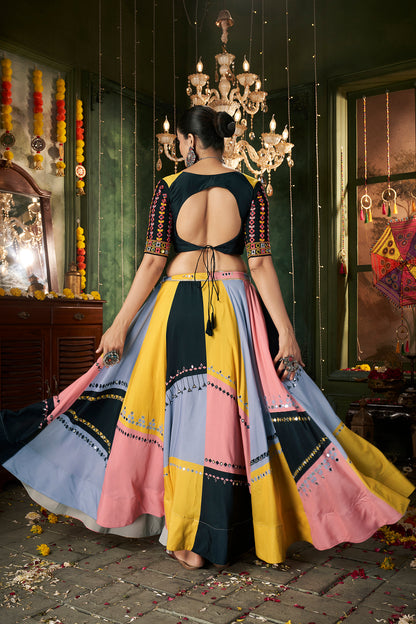 Stunning Black Multicolor cotton lehenga choli with mirror work, perfect for Navratri