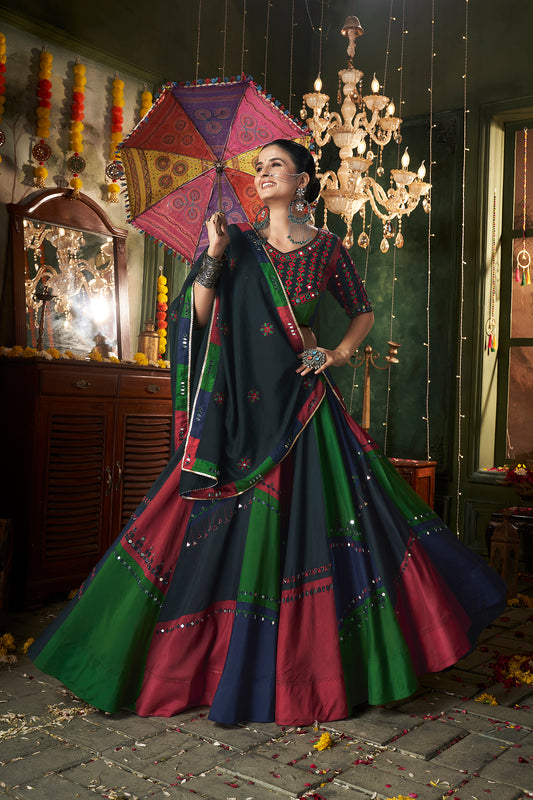 Black multicolored Rajwadi chaniya choli with intricate Kutchi embroidery and vibrant accents