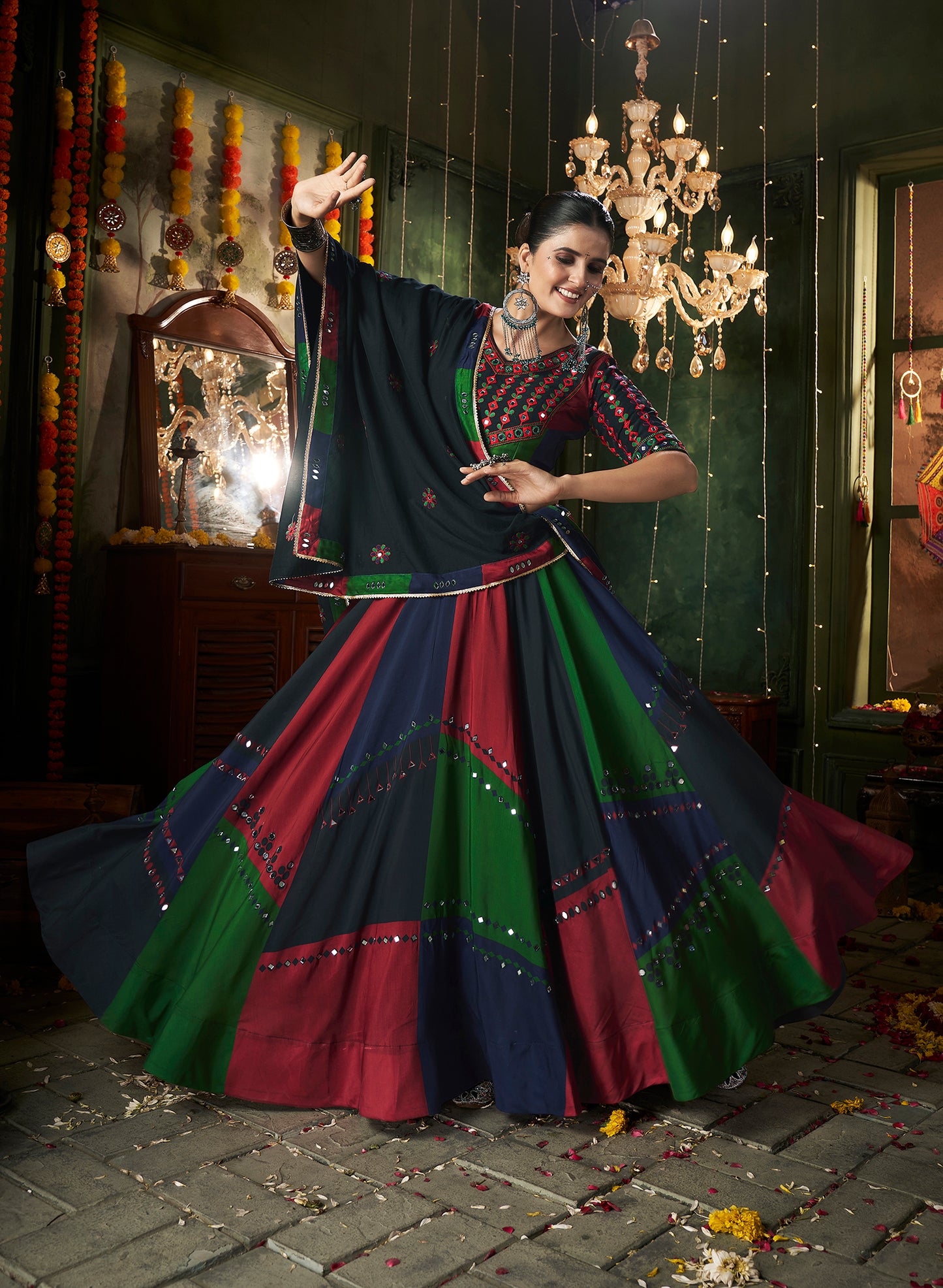 Black multicolored Rajwadi chaniya choli with intricate Kutchi embroidery and vibrant accents