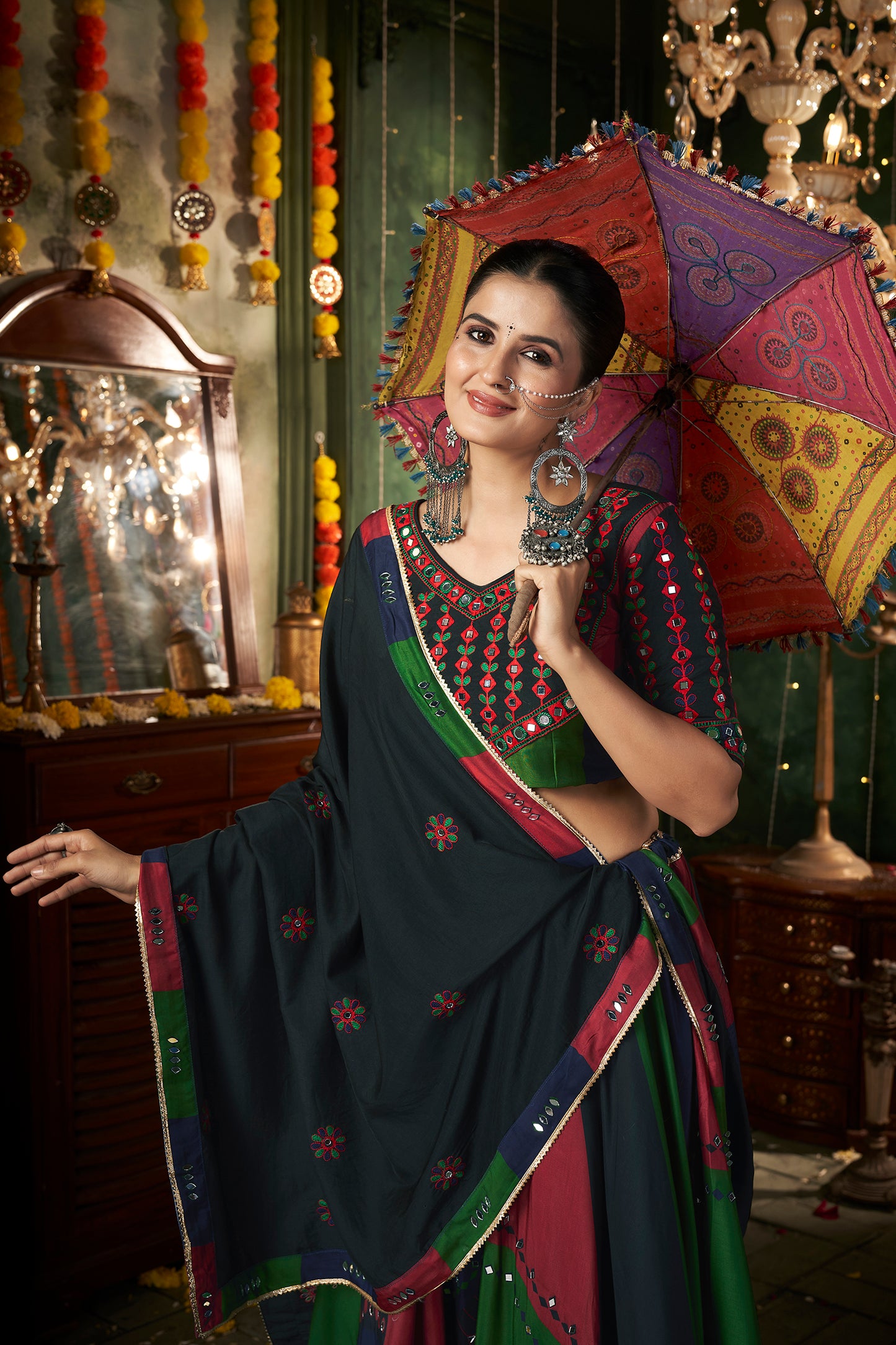 Black multicolored Rajwadi chaniya choli with intricate Kutchi embroidery and vibrant accents