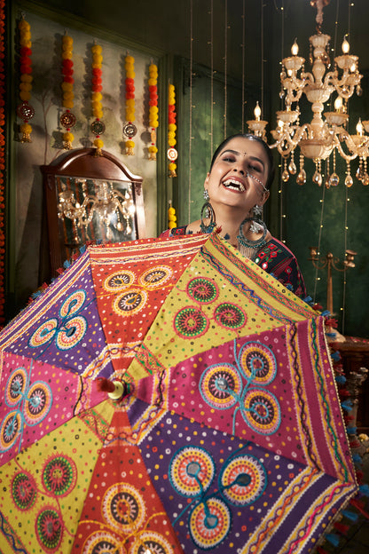 Black multicolored Rajwadi chaniya choli with intricate Kutchi embroidery and vibrant accents