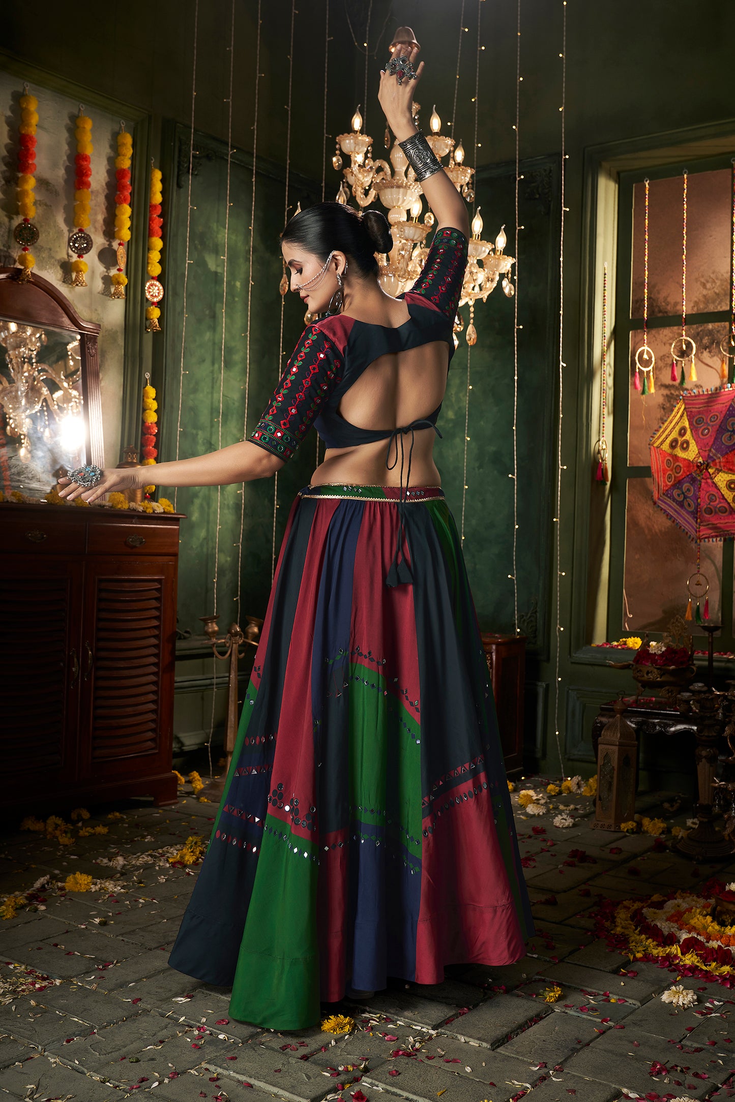 Black multicolored Rajwadi chaniya choli with intricate Kutchi embroidery and vibrant accents