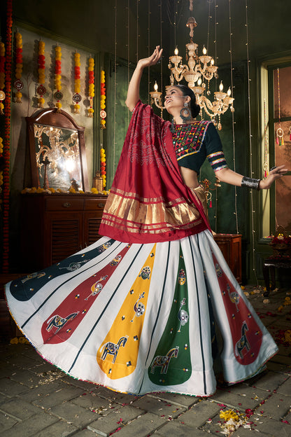 White printed chaniya choli with mirror work, perfect for the Navratri collection