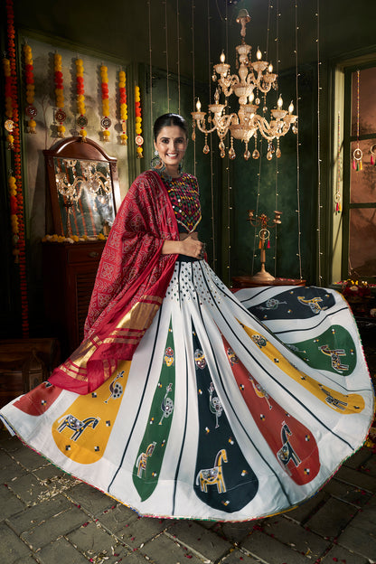 White printed chaniya choli with mirror work, perfect for the Navratri collection