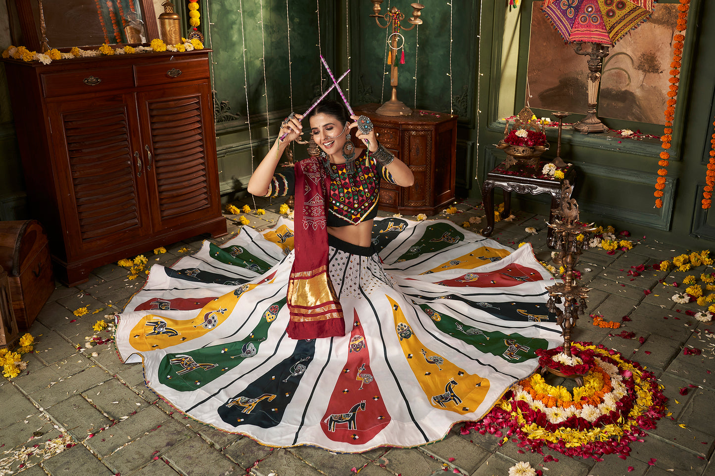 White printed chaniya choli with mirror work, perfect for the Navratri collection