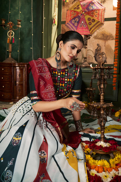 White printed chaniya choli with mirror work, perfect for the Navratri collection