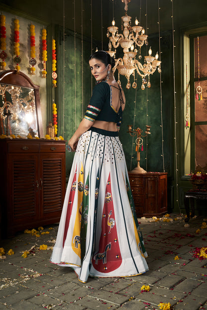 White printed chaniya choli with mirror work, perfect for the Navratri collection