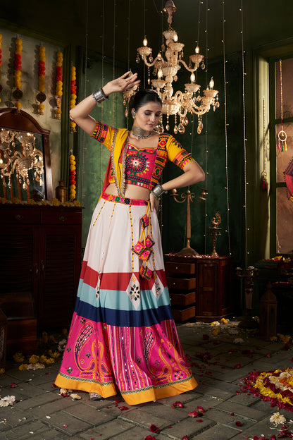 Multicolor printed ghagra choli with traditional mirror work, ideal for Navratri celebrations