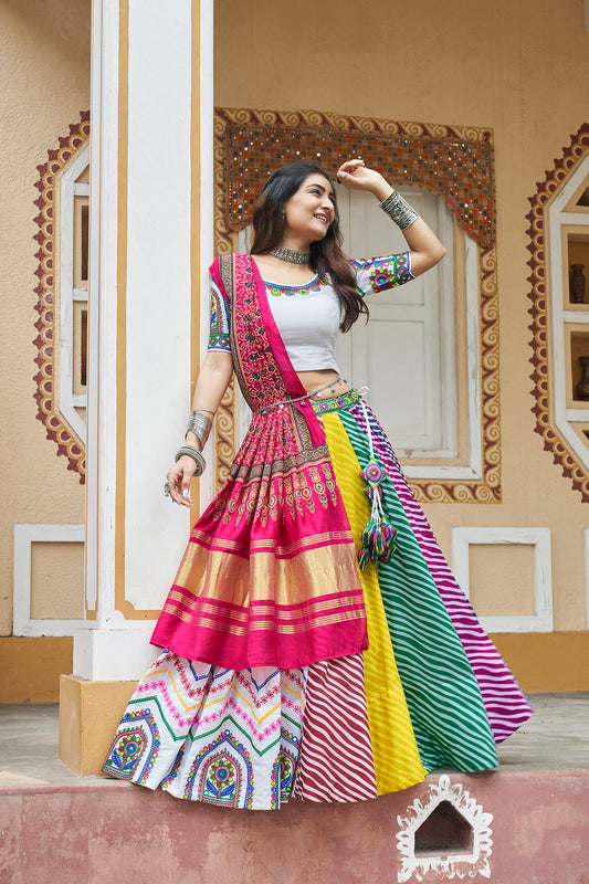 White Mirror Work Embroidered Chaniya Choli for Navratri