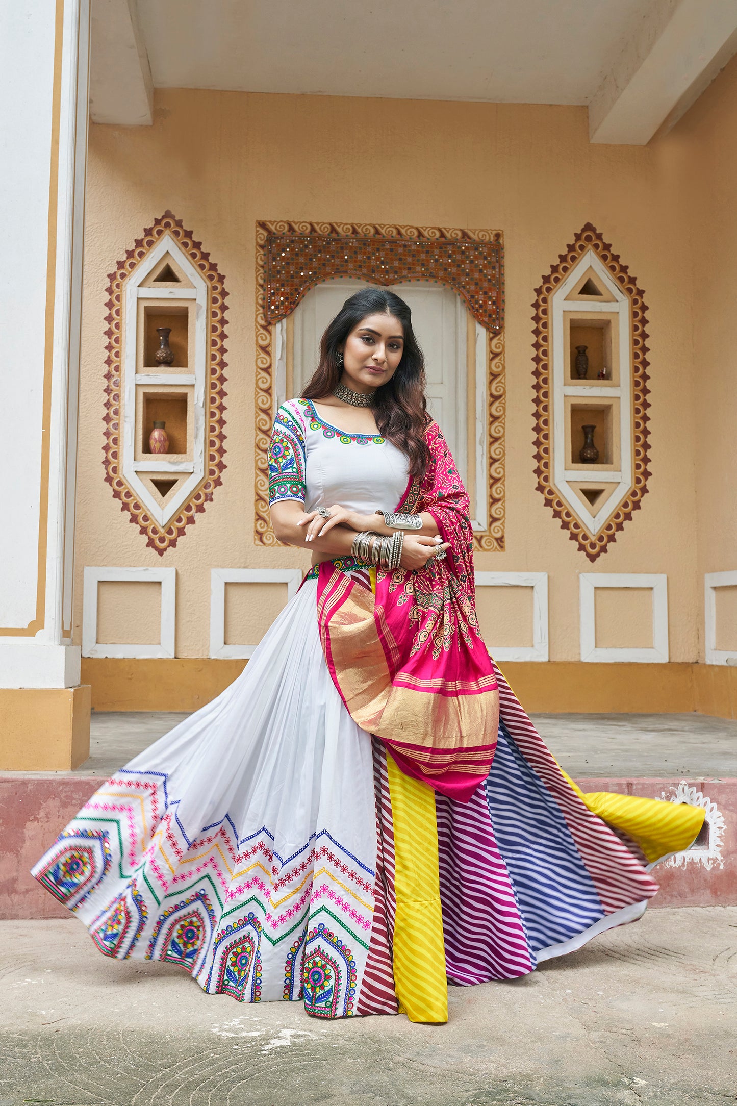 White Mirror Work Embroidered Chaniya Choli for Navratri