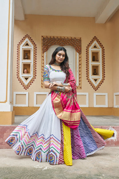 White Mirror Work Embroidered Chaniya Choli for Navratri