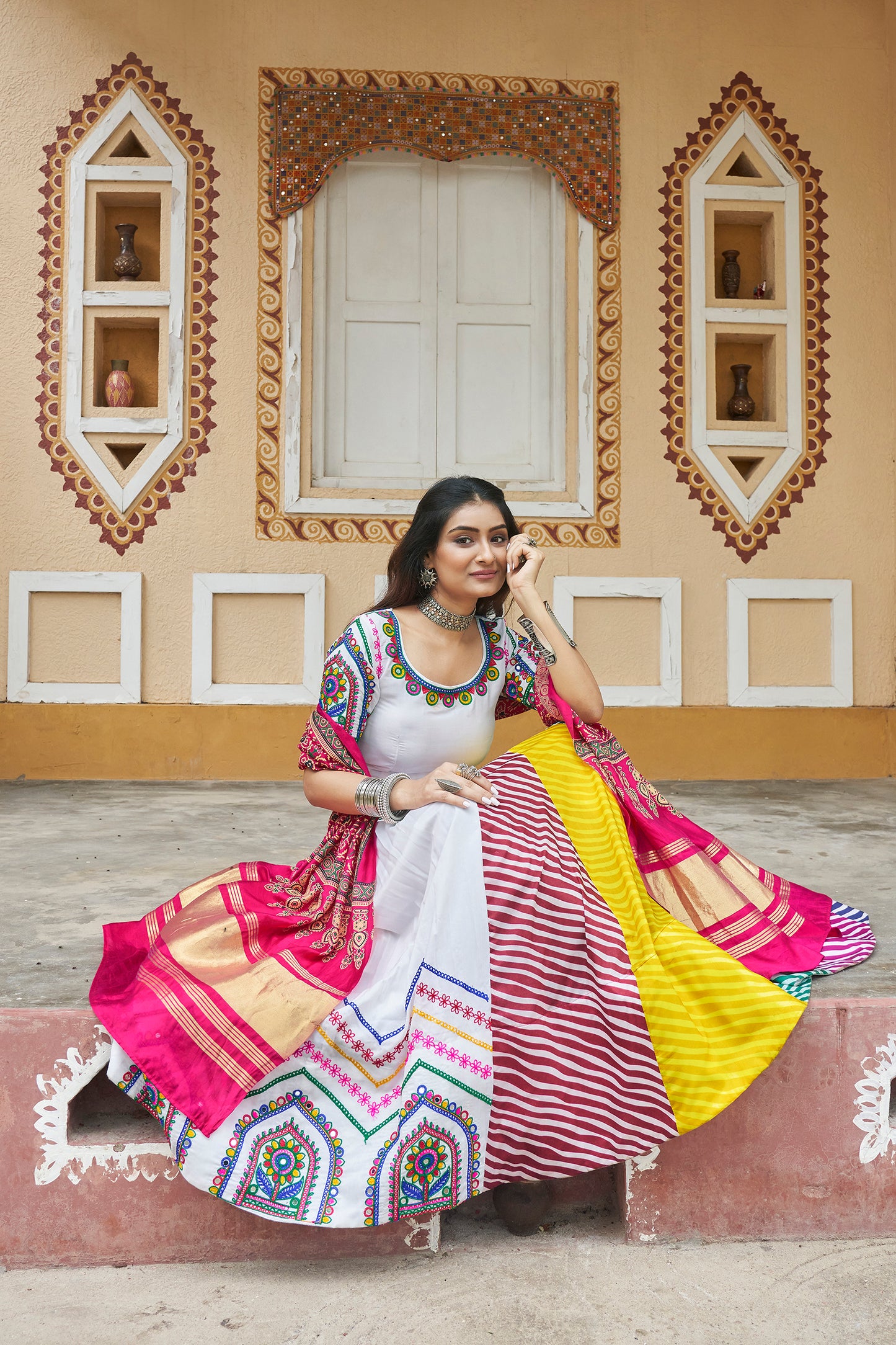 White Mirror Work Embroidered Chaniya Choli for Navratri