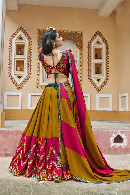 Mustard Mirror Work Embroidered Chaniya Choli for Navratri