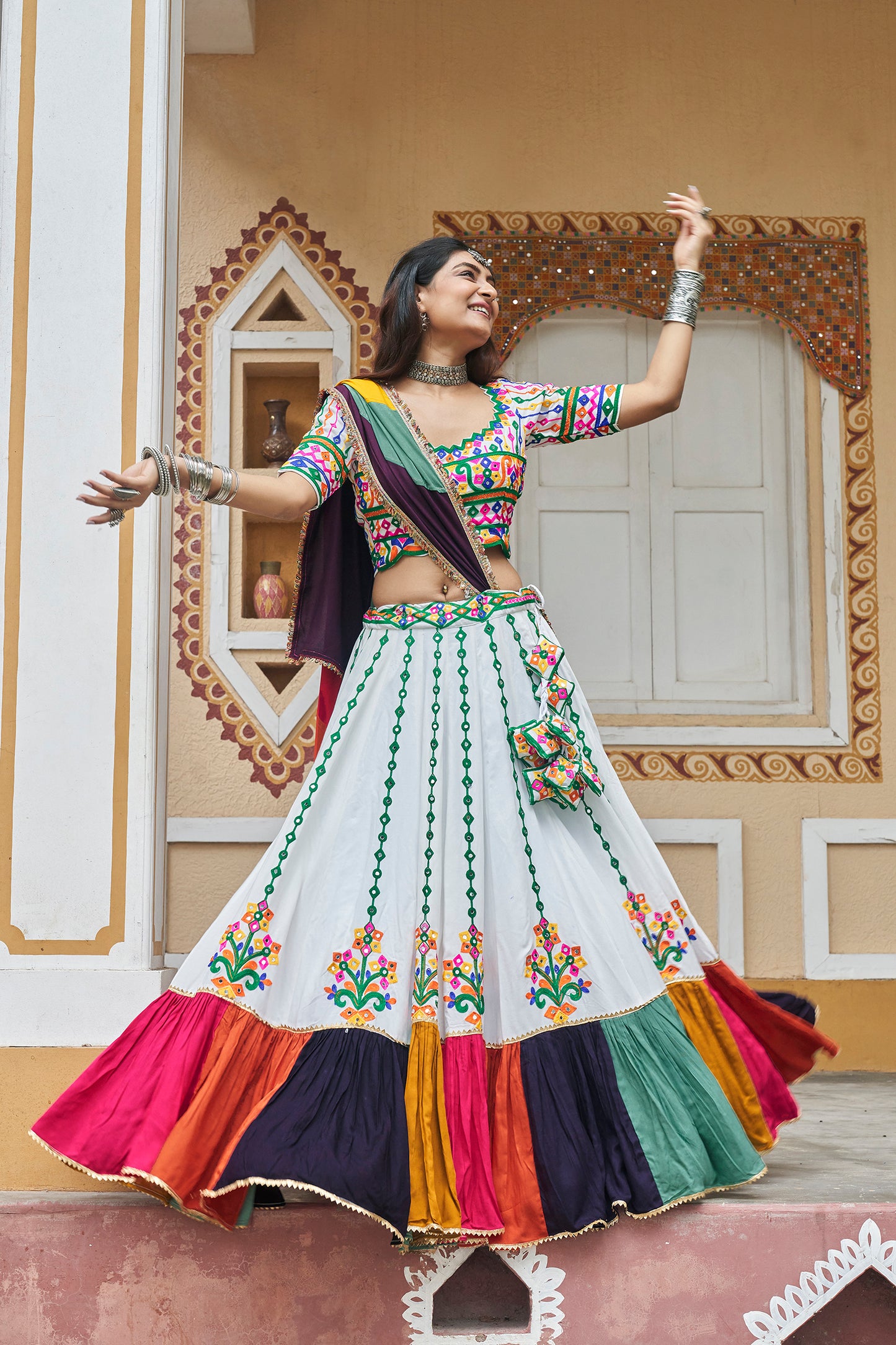 Multicolor white Mirror Work with Embroidered Chaniya Choli for Navratri