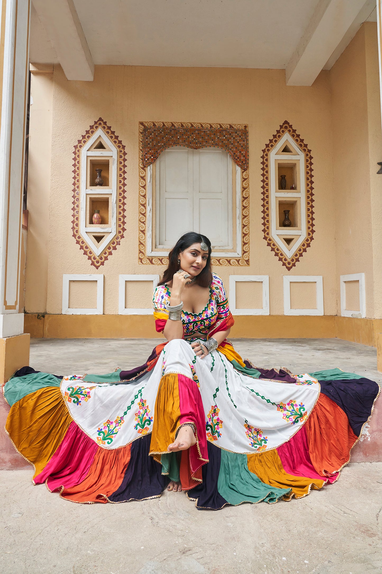 Multicolor white Mirror Work with Embroidered Chaniya Choli for Navratri