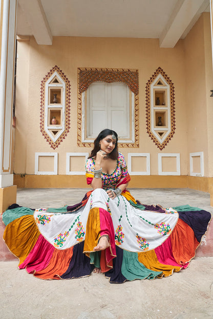 Multicolor white Mirror Work with Embroidered Chaniya Choli for Navratri