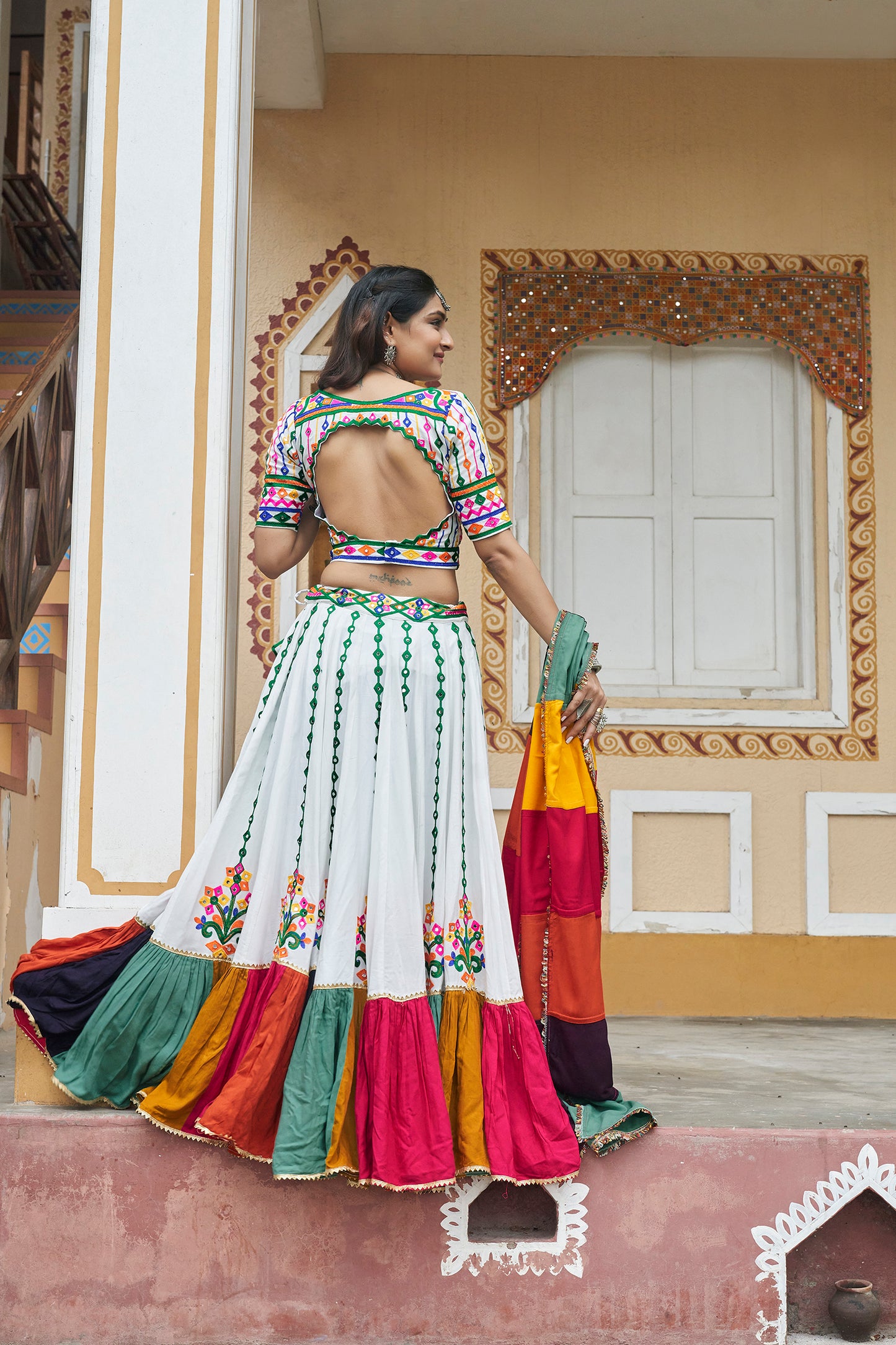 Multicolor white Mirror Work with Embroidered Chaniya Choli for Navratri