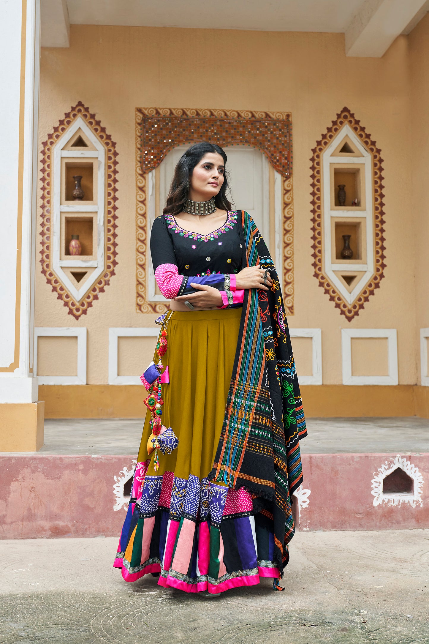 Green Mirror Work with Embroidered Chaniya Choli for Navratr