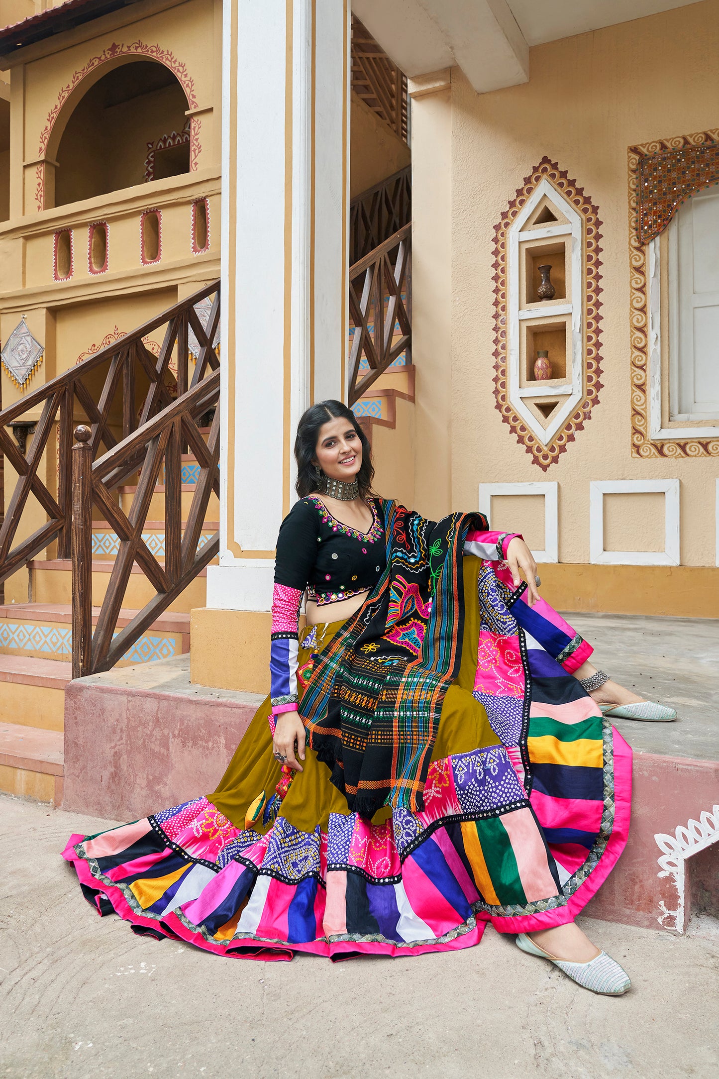 Green Mirror Work with Embroidered Chaniya Choli for Navratr