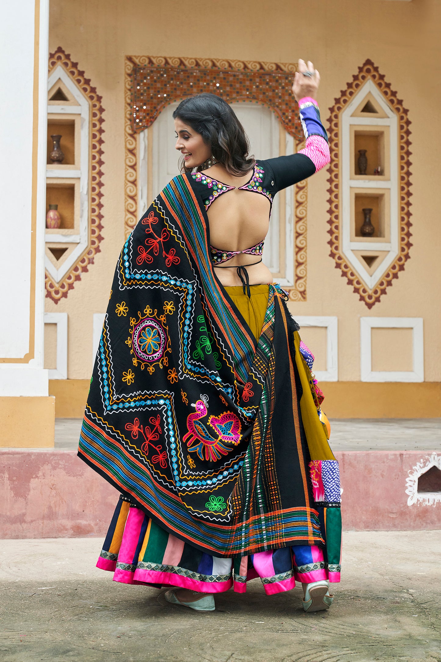 Green Mirror Work with Embroidered Chaniya Choli for Navratr