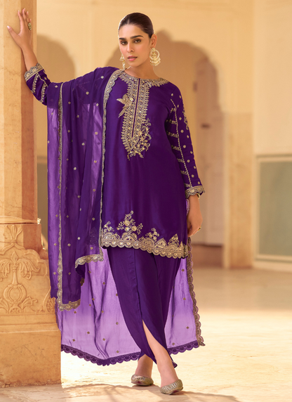 Shop Purple Suit crafted from Premium Crepe Silk with Embroidered Organza Dupatta – Perfect for Indian Festivals and Pakistani Weddings