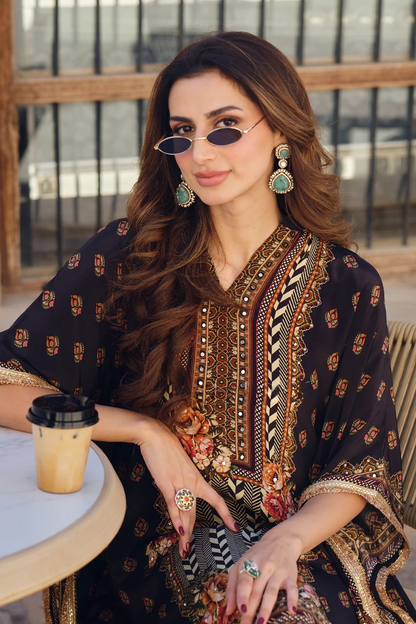 Buy Reday to Wear Black Printed Pakistani Kaftan Style Co-Ord Set