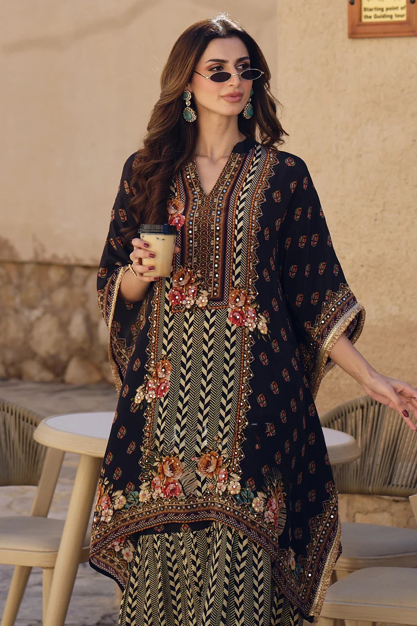 Buy Reday to Wear Black Printed Pakistani Kaftan Style Co-Ord Set