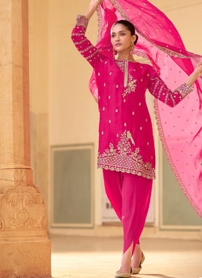 Hot Pink Premium Soft Crepe Silk Dhoti Suit with Embroidered Organza Dupatta for Pakistani Wedding and Indian Festival