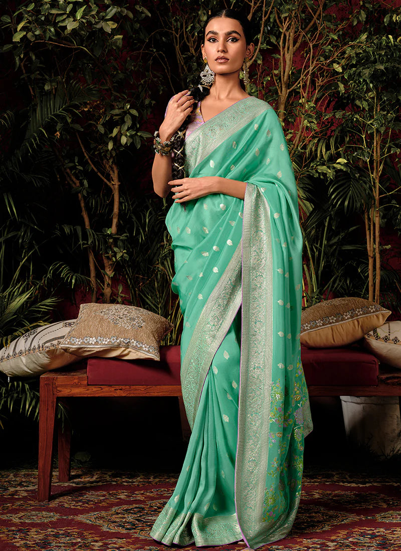 Floral Sea Green and Purple Viscose Silk Saree