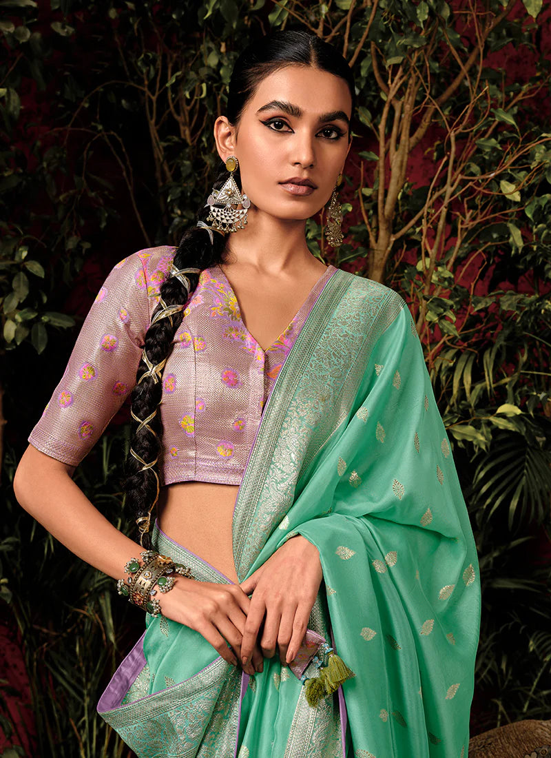 Floral Sea Green and Purple Viscose Silk Saree