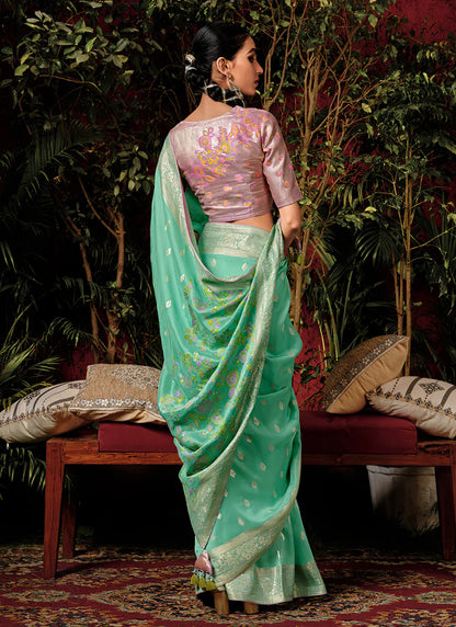 Floral Sea Green and Purple Viscose Silk Saree