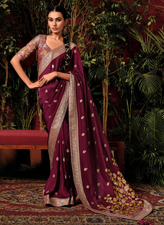 Floral Maroon Viscose Silk Saree