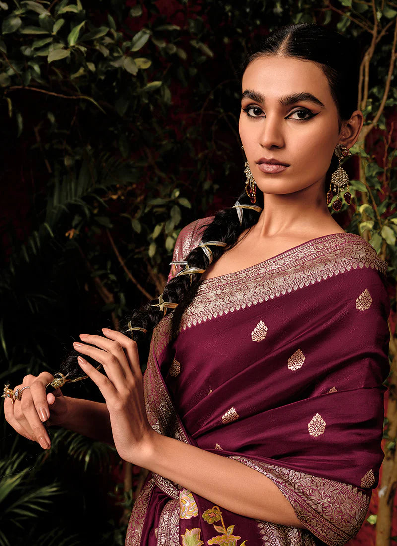 Floral Maroon Viscose Silk Saree