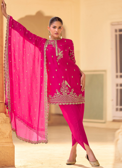 Hot Pink Premium Soft Crepe Silk Dhoti Suit with Embroidered Organza Dupatta for Pakistani Wedding and Indian Festival