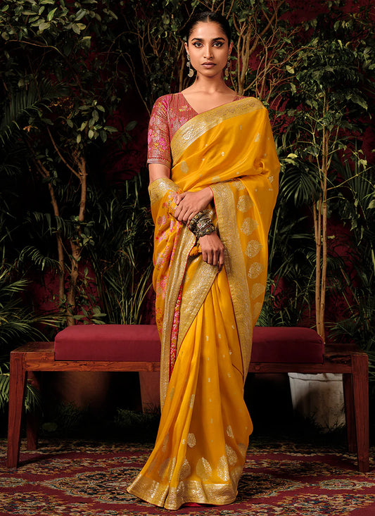 Floral Yellow and Pink Viscose Silk Saree