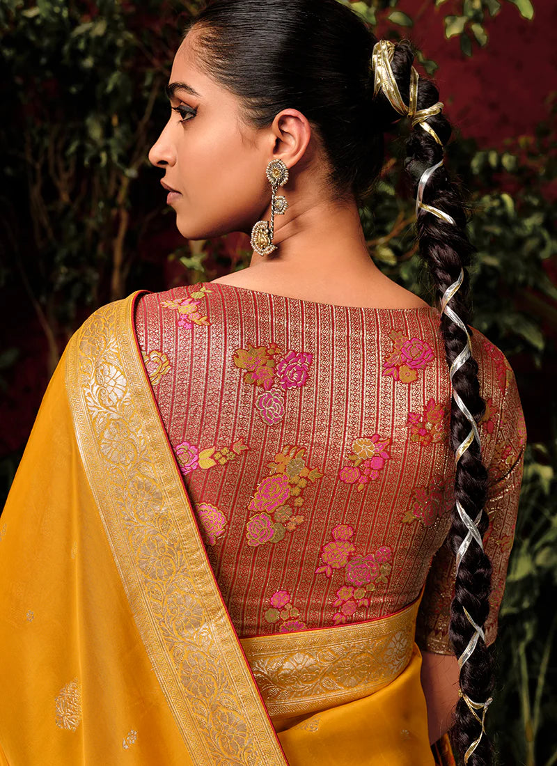 Floral Yellow and Pink Viscose Silk Saree