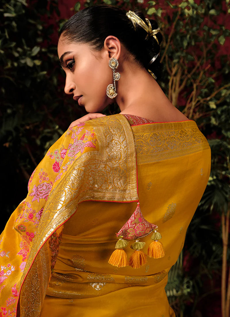 Floral Yellow and Pink Viscose Silk Saree