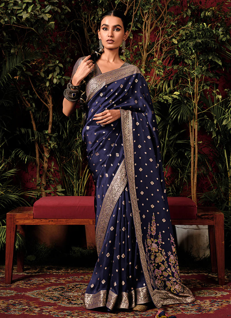 Floral Dark Blue Viscose Silk Saree