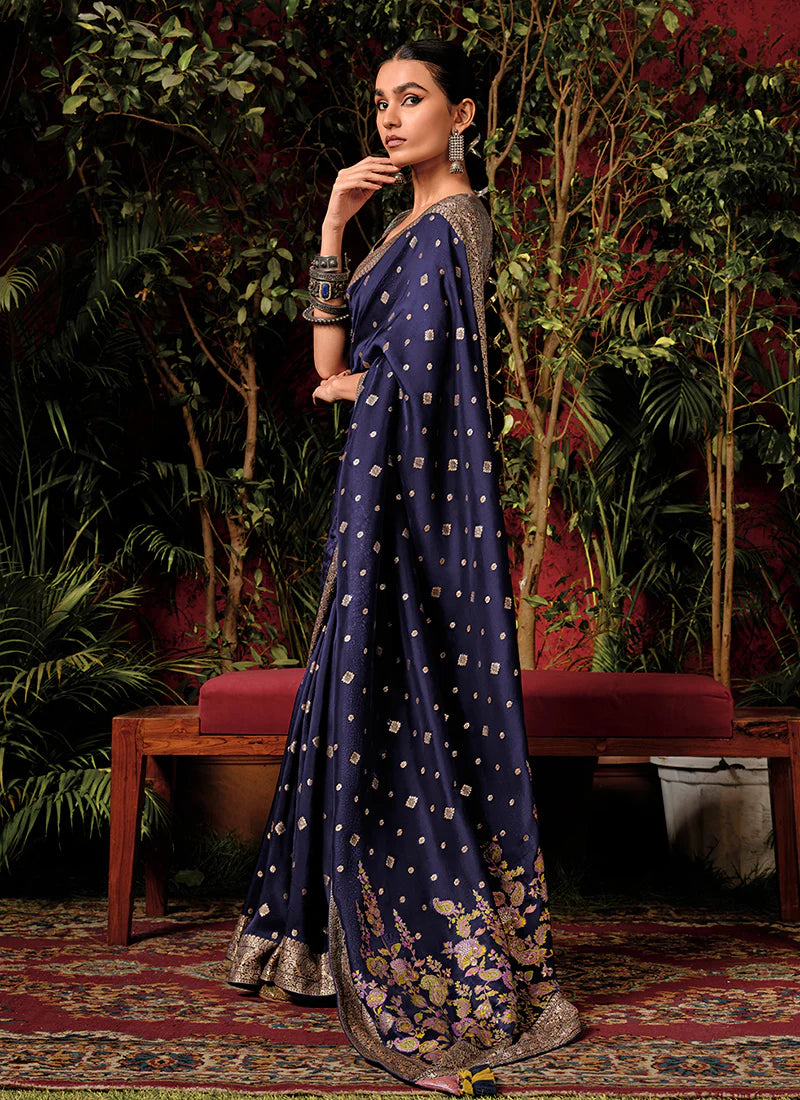 Floral Dark Blue Viscose Silk Saree