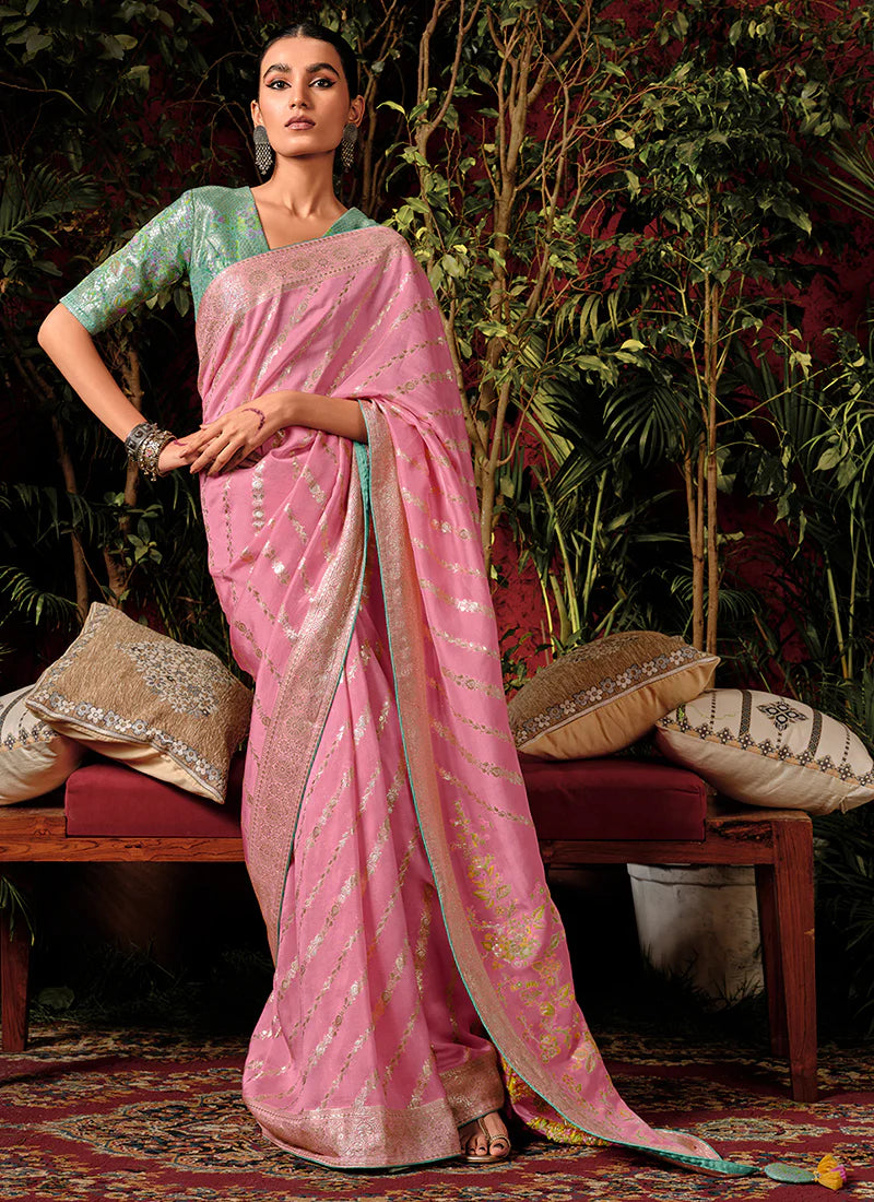 Floral Pink and Green Viscose Silk Saree