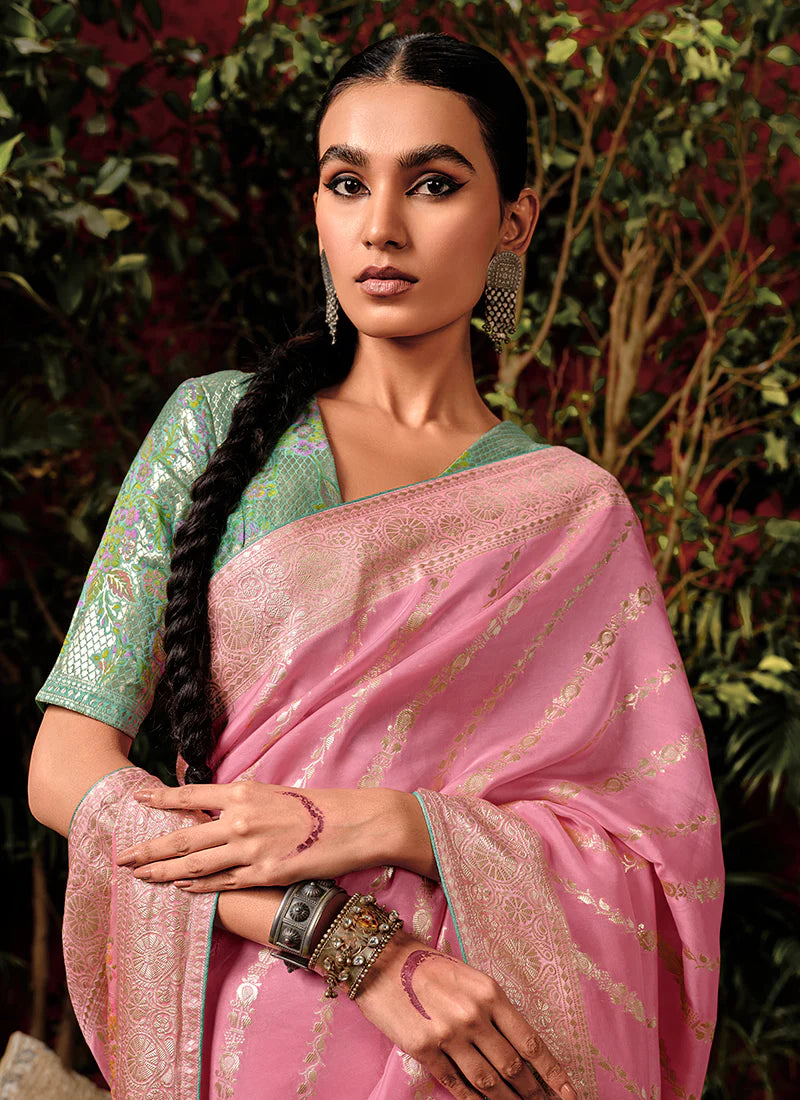 Floral Pink and Green Viscose Silk Saree