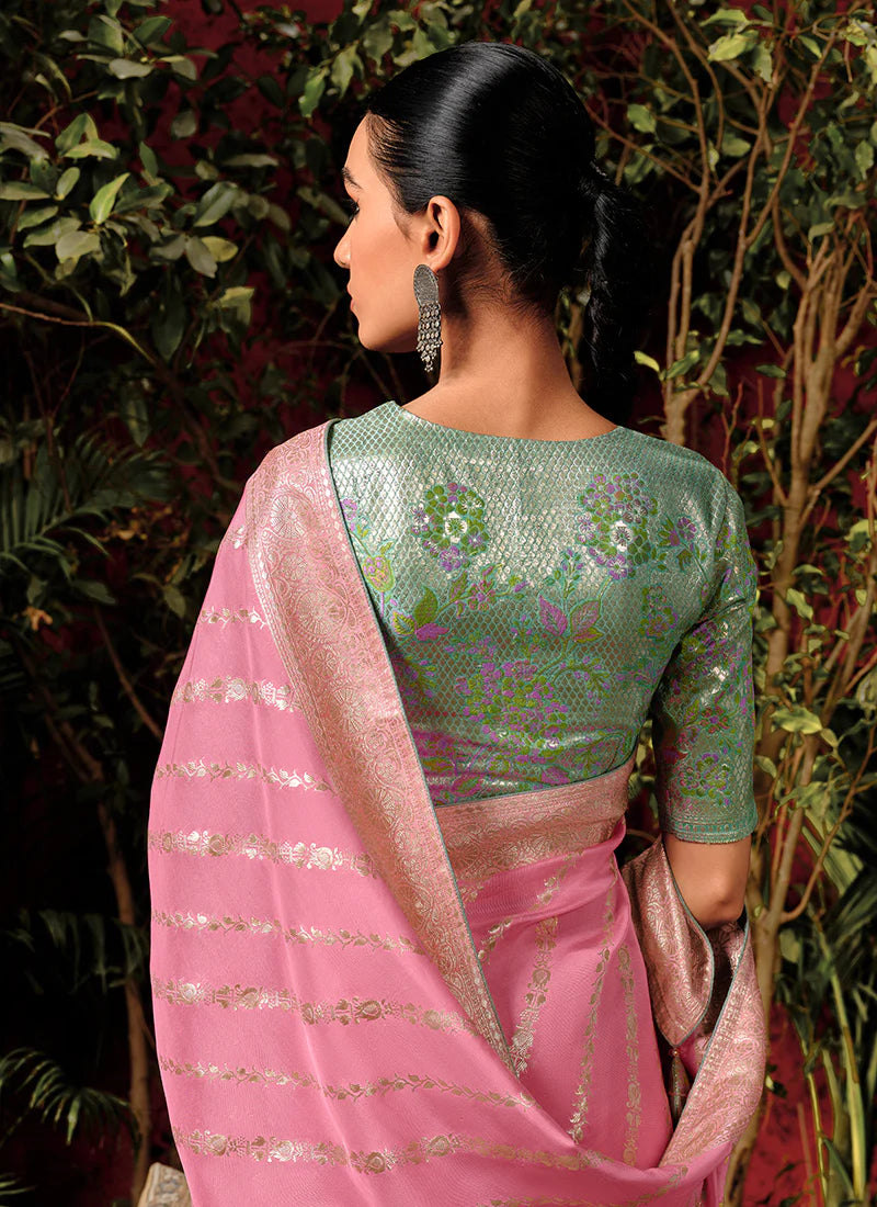 Floral Pink and Green Viscose Silk Saree