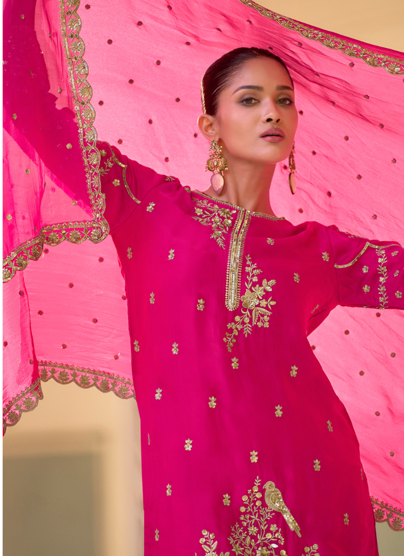 Hot Pink Premium Soft Crepe Silk Dhoti Suit with Embroidered Organza Dupatta for Pakistani Wedding and Indian Festival