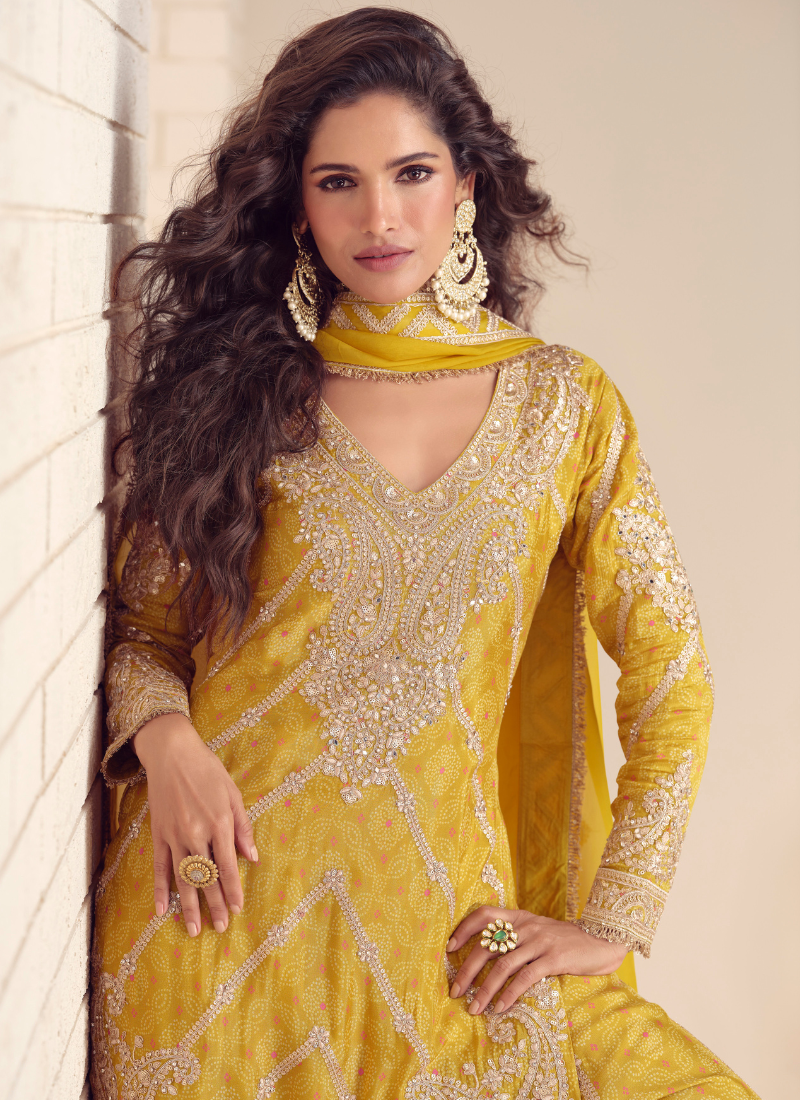 Mustard Yellow Chinon Palazzo Suit With Dupatta for Punjabi Wedding