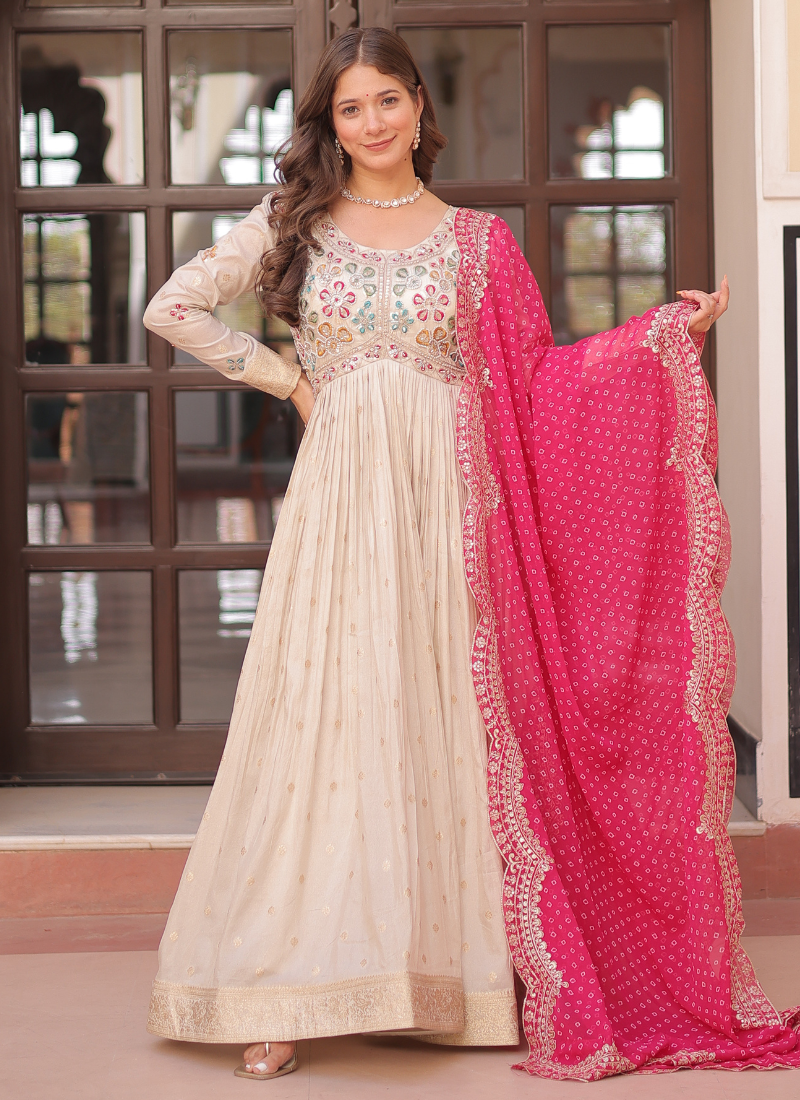 Off White Anarkali Suit With Pink Bandhani Dupatta For Indian Wedding and Pakistani Festivals – MULTI THREAD, MIRROR, EMBROIDERY WORK