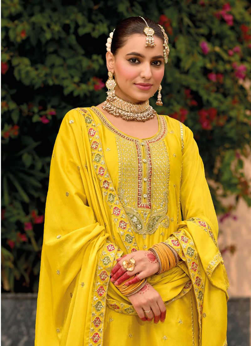 Yellow Chinnon Embroidered Sharara Suit with Dupatta for Pakistani Weddings and Indian Festivals