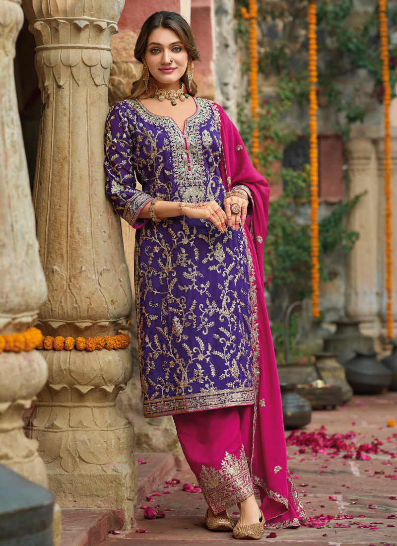 Buy Purple Chinnon Embroidered Salwar Kameez with Dupatta – Perfect for Indian and Pakistani Weddings 