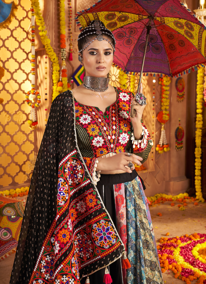Multicolor Chaniya Choli with Dupatta for Navratri 2025 Garba Night – Mirror, Thread & Embroidery Work